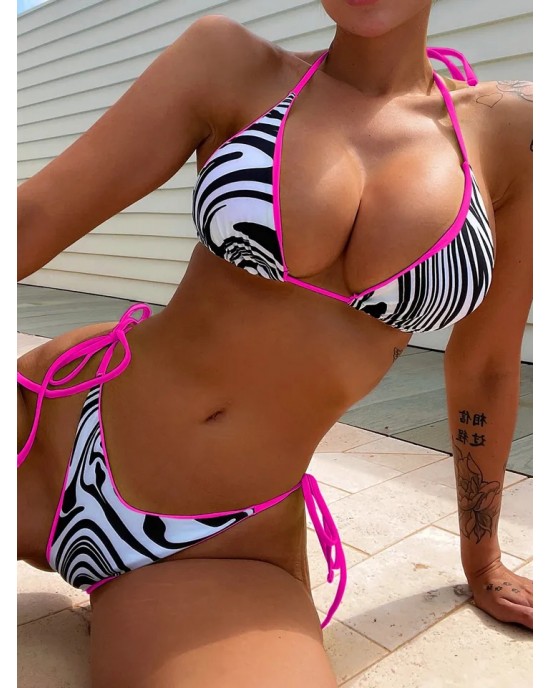 Zebra Black White Pink Thong Bikini Set Zebra Black White Pink Thong Bikini Set