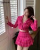 Pink Pleated Two Piece Cropped Top Jacket Skirt Set