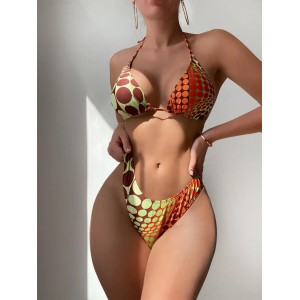 Four Piece Polka Dot Amber Green Haze Halter Bikini Four Piece Polka Dot Amber Green Haze Halter Bikini