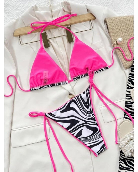 Zebra Black White Pink Thong Bikini Set Zebra Black White Pink Thong Bikini Set
