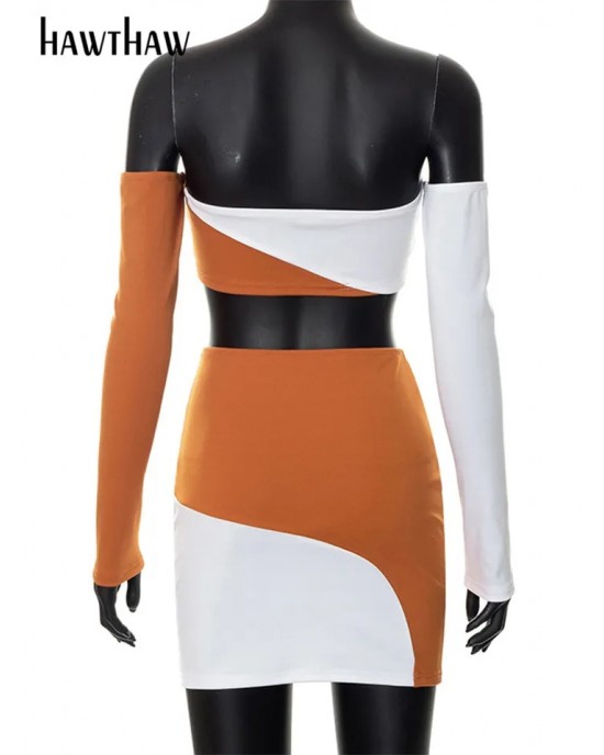 Cafe Con Leche Long Sleeve Crop Top Mini Skirt Two Piece Set