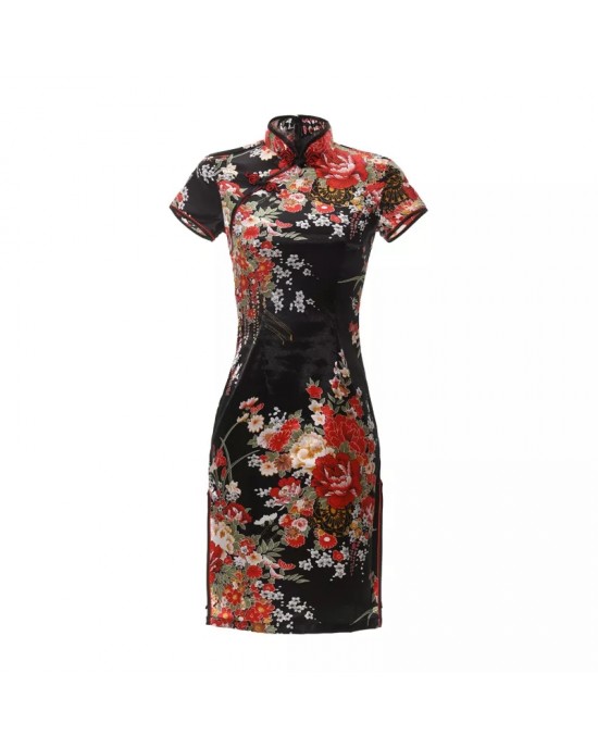 Black Chinese Print Flower Mini Dress