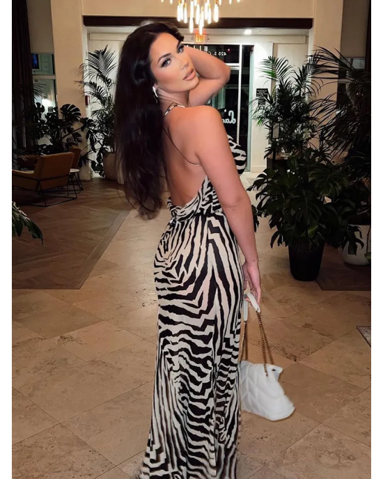 Zebra Print Chiffon Strappy Backless Side Slit Gown