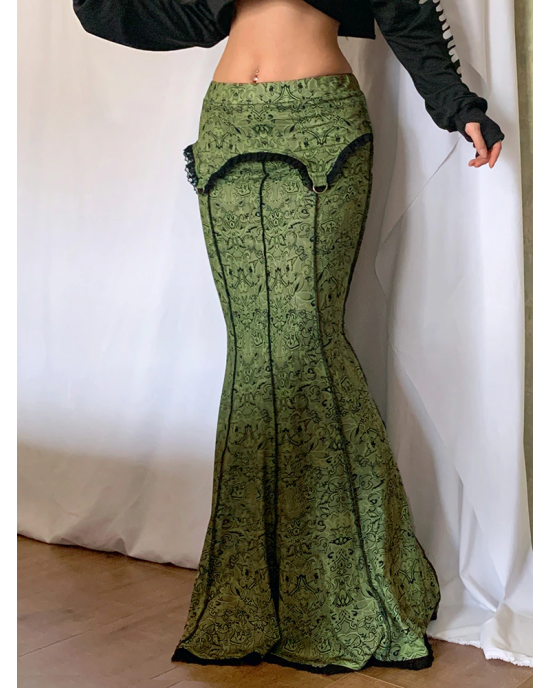 Vintage Fashion Elegant Green Long High Waist Skirt