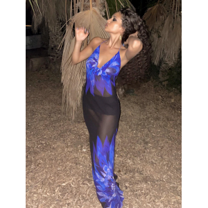 Sheer Blue Hibiscus Backless Halter Maxi Beach Dress Sheer Blue Hibiscus Backless Halter Maxi Beach Dress