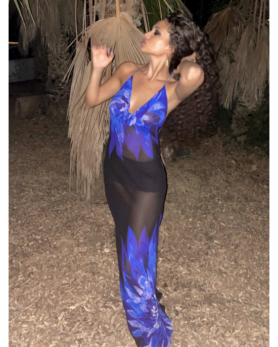 Sheer Blue Hibiscus Backless Halter Maxi Beach Dress