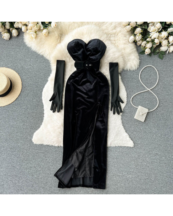 Strapless Backless Black Velvet Slim High Split Evening Party Dress With Gloves