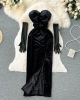 Strapless Backless Black Velvet Slim High Split Evening Party Dress With Gloves