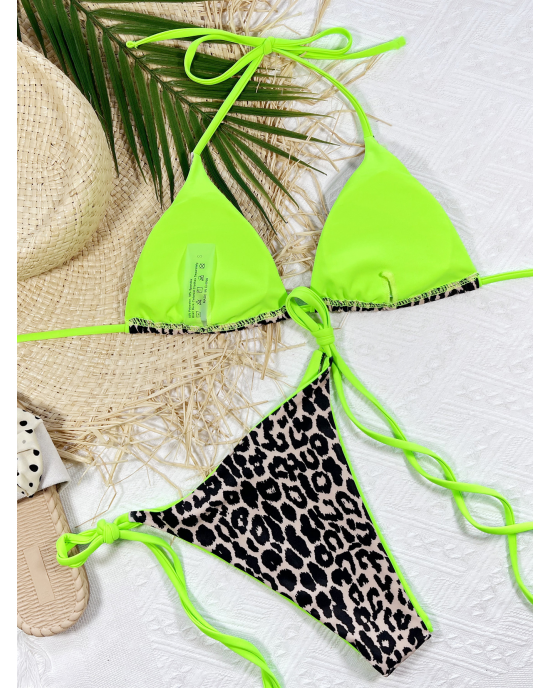 Leopard And Fluorescent Green Thong Bikini