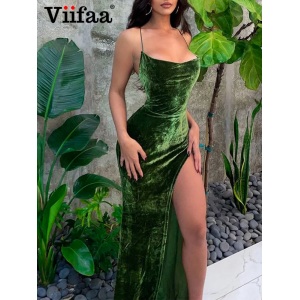 Green Velvety to The Touch Strappy Slit Bodycon Backless Dress Green Velvety to The Touch Strappy Slit Bodycon Backless Dress