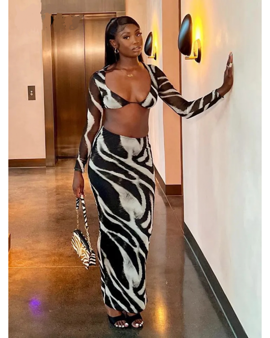 Zebra Two Piece Crop Top Skirt Set Zebra Two Piece Crop Top Skirt Set