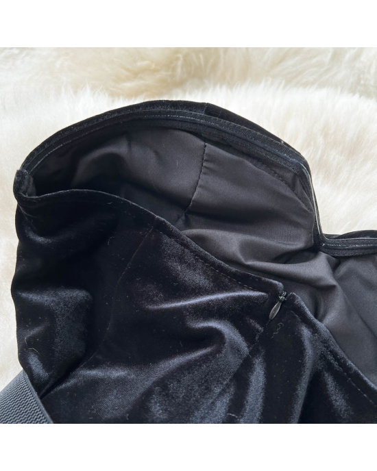 Strapless Backless Black Velvet Slim High Split Evening Party Dress With Gloves