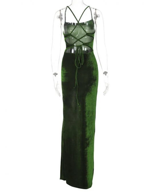 Green Velvety to The Touch Strappy Slit Bodycon Backless Dress