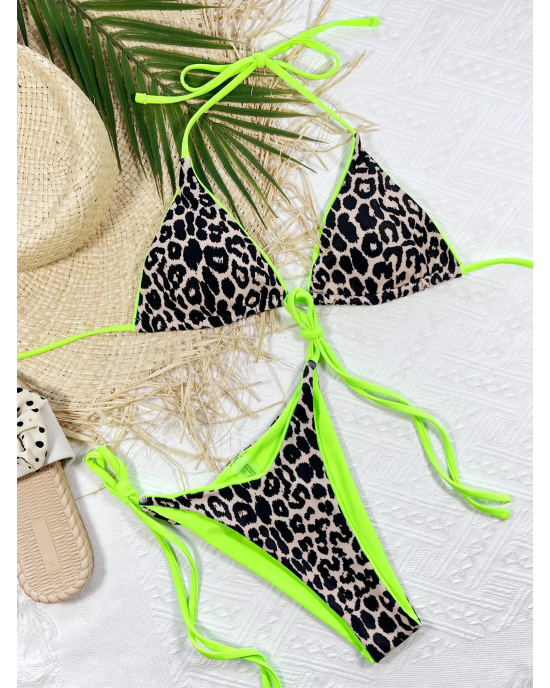 Leopard And Fluorescent Green Thong Bikini