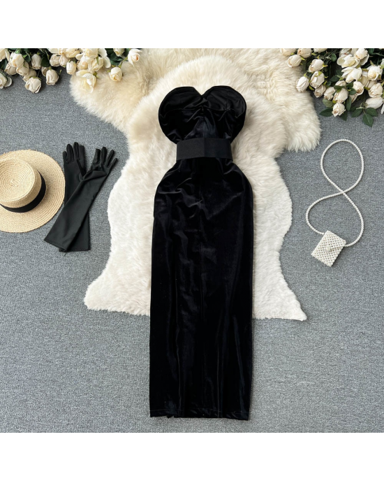 Strapless Backless Black Velvet Slim High Split Evening Party Dress With Gloves
