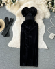 Strapless Backless Black Velvet Slim High Split Evening Party Dress With Gloves