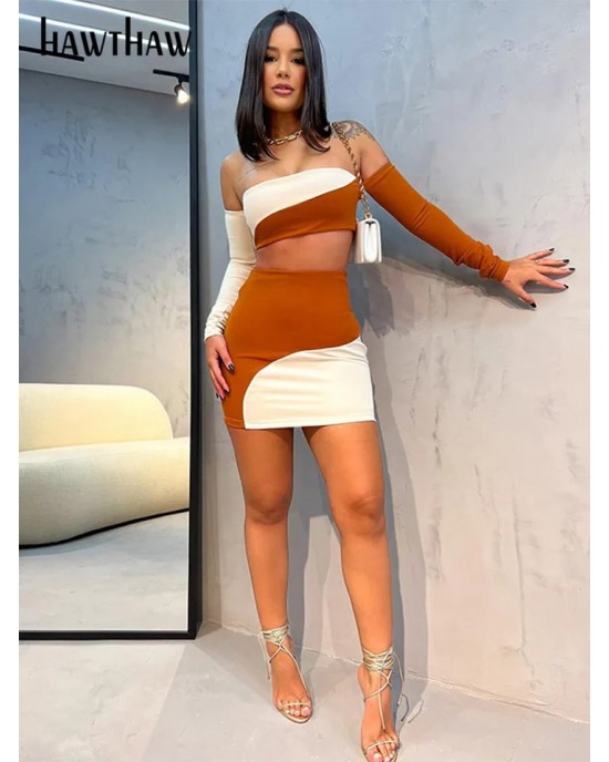 Cafe Con Leche Long Sleeve Crop Top Mini Skirt Two Piece Set
