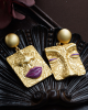 Purple Lips And Eyes Gold Portrait Earrings