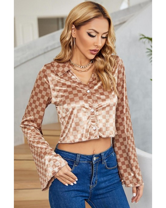 Checkered Johnny Collar Flare Sleeve Cropped Shirt