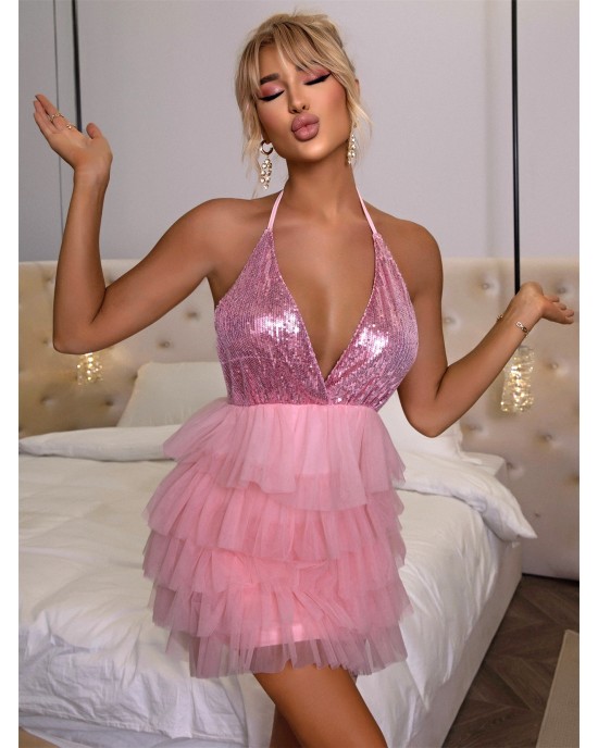 Barbie Contrast Sequin Mesh Layered Halter Neck Dress
