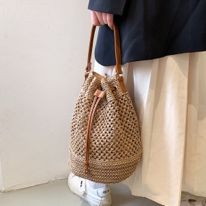 Drawstring Straw Bucket Crossbody Purse 