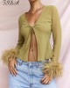 Vintage Clubwear Party Open Slit Green Feathered Long Sleeve Top