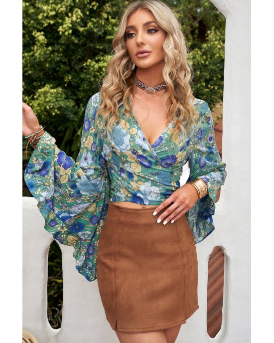 Floral Bell Sleeve Surplice Cropped Blouse