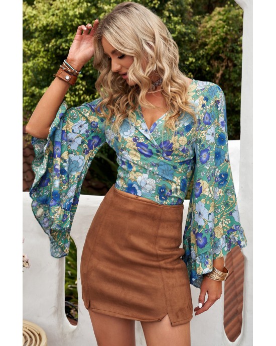Floral Bell Sleeve Surplice Cropped Blouse