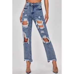 Frayed Hem Distressed Straight Leg Jeans