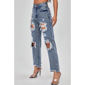 Frayed Hem Distressed Straight Leg Jeans