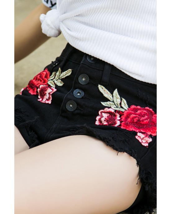 Full Size Embroidered Button-Fly Distressed Denim Shorts