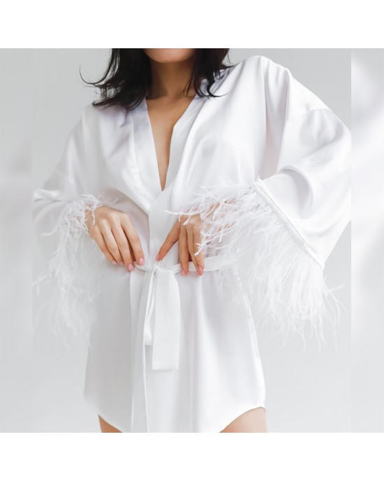 Hiloc Feather Bathrobes Satin Sexy Mini Dress Long Sleeve Loose Peignoirs For Women