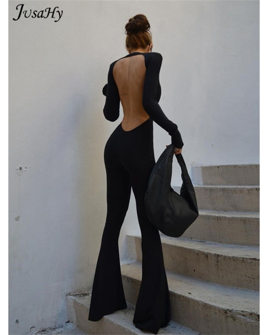 Black Backless Long Sleeve Bell Bottom Jumpsuit