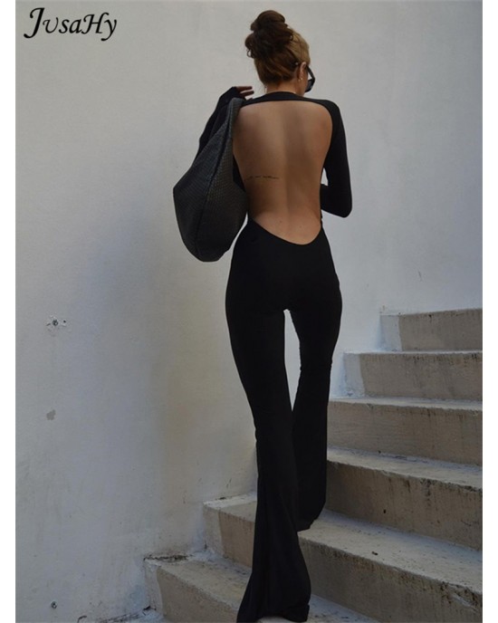 Black Backless Long Sleeve Bell Bottom Jumpsuit
