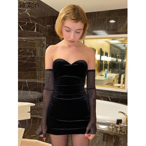 Black Velvet Sweetheart Neckline Mini Dress with Removable Mesh Sleeves Black Velvet Sweetheart Neckline Mini Dress with Removable Mesh Sleeves