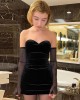 Black Velvet Sweetheart Neckline Mini Dress with Removable Mesh Sleeves