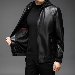 Men's Black Hoodie Leatherette Jacket