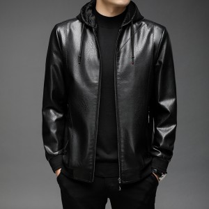 Men's Black Hoodie Leatherette Jacket