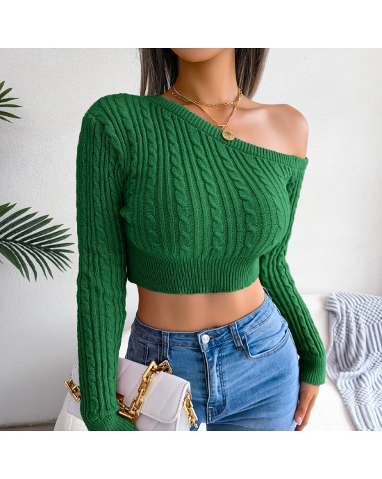 Mixed Knit One-Shoulder Cropped Sweater