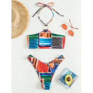 Multicolored Striped Halter Neck Bikini Set Multicolored Striped Halter Neck Bikini Set