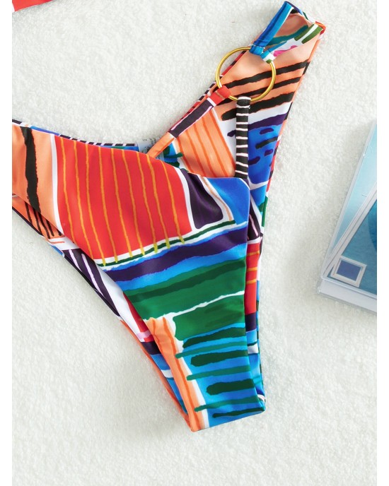 Multicolored Striped Halter Neck Bikini Set