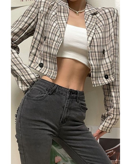 Plaid Double-Breasted Cropped Blazer