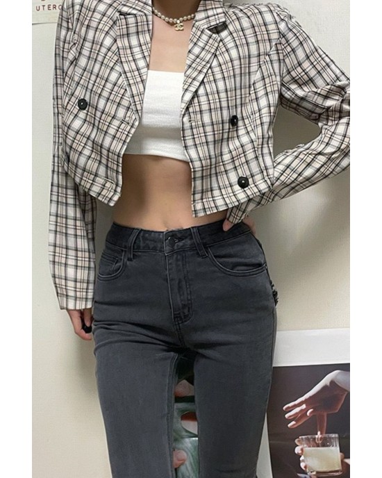 Plaid Double-Breasted Cropped Blazer