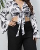 Plus Size Printed Tie Front Flare Sleeve Crop Top