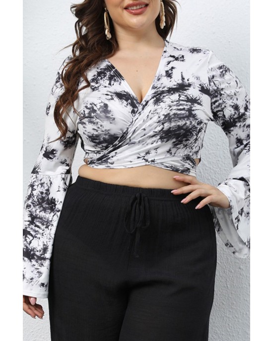 Plus Size Printed Tie Front Flare Sleeve Crop Top