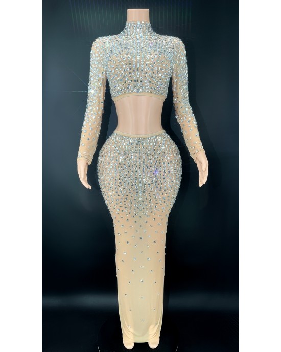 Sparkly Rhinestones Stretchy Two-Piece Evening Gown Set