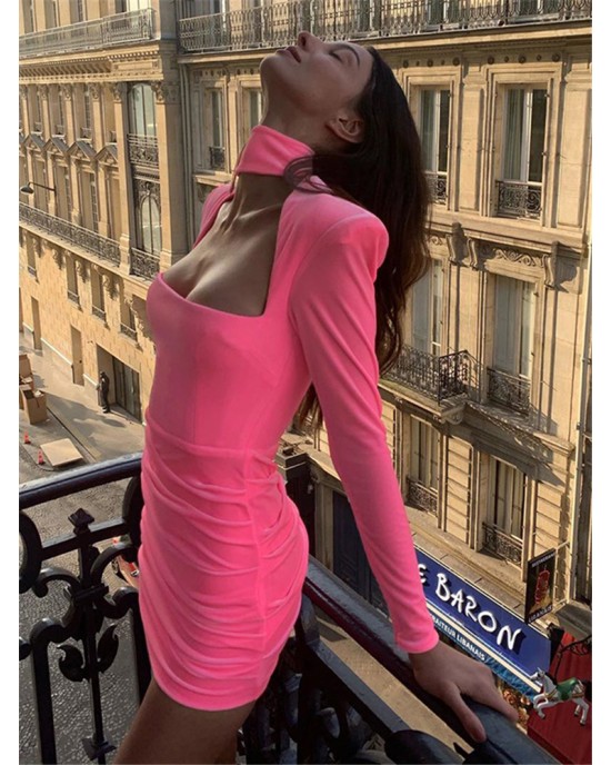 Pink Velvet Padded Shoulders Turtleneck Mini Dress