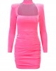 Pink Velvet Padded Shoulders Turtleneck Mini Dress