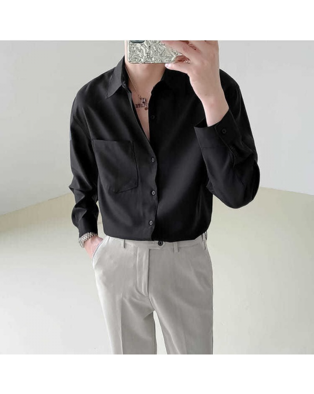 Loose Long Sleeve Button Down Dress Shirt for Men