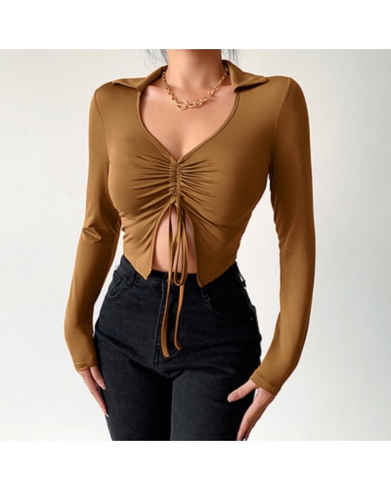 European and American long sleeve cropped drawstring top